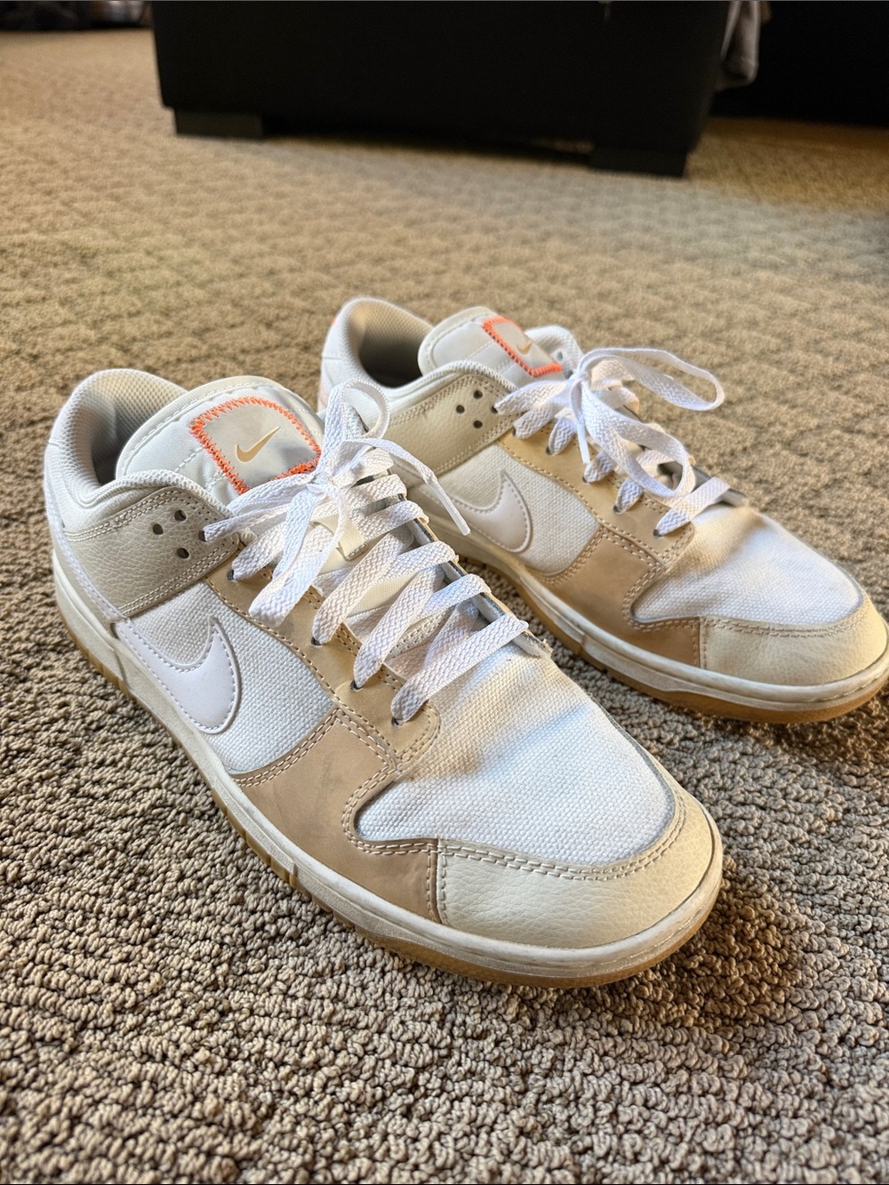 Nike Men’s Dunk Low-Top Sneakers - White Canvas & Beige Leather w/Orange Accent